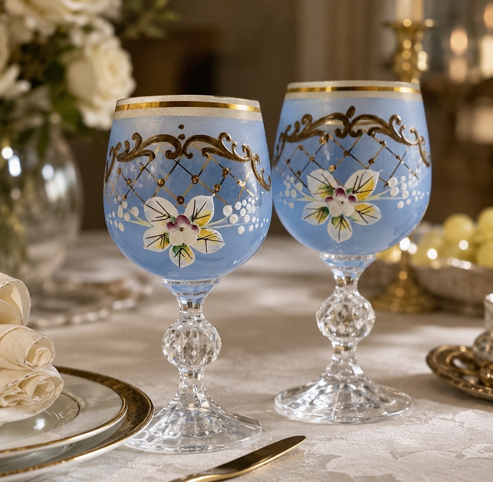 Vintage Bohemian Crystal Enameled Light Blue Wine Goblets Hand-Painted Floral VG - Picture 2 of 6
